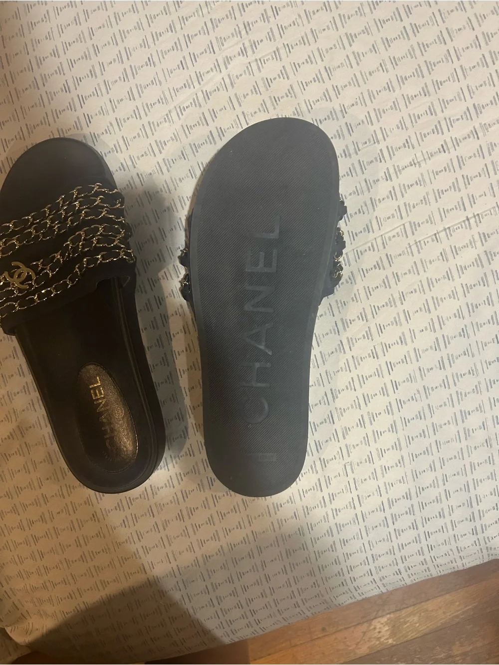 CHANEL Black Slides with Gold Chain Straps